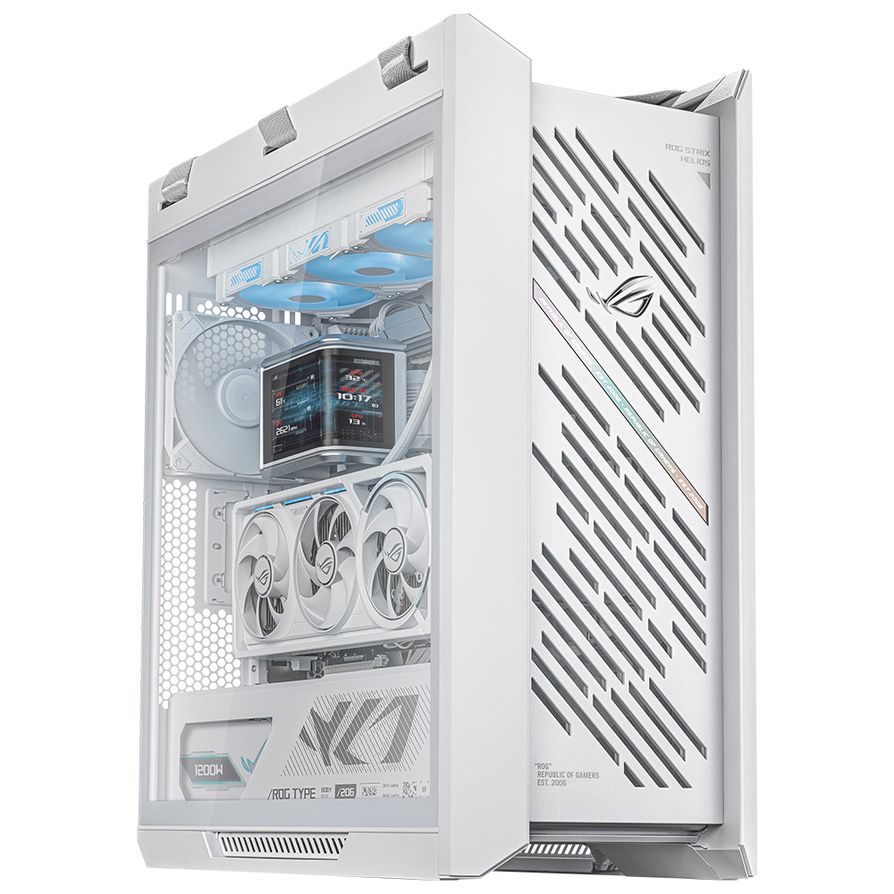 ROG Strix Helios II前面板採用鑽石菱格鋁合金框架，再加上斜切格柵設計，不僅能導入豐沛氣流，亦與上方綴飾的3D浮雕ROG Logo完美映襯。